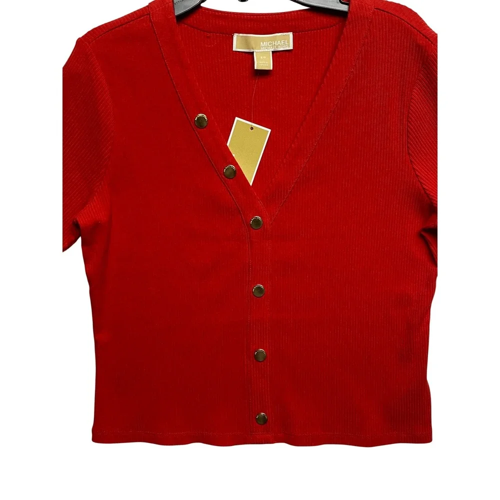Michael Kors $98 Red Ribbed V-Neck Short Sleeve Button Front Top Sm‎ NWT